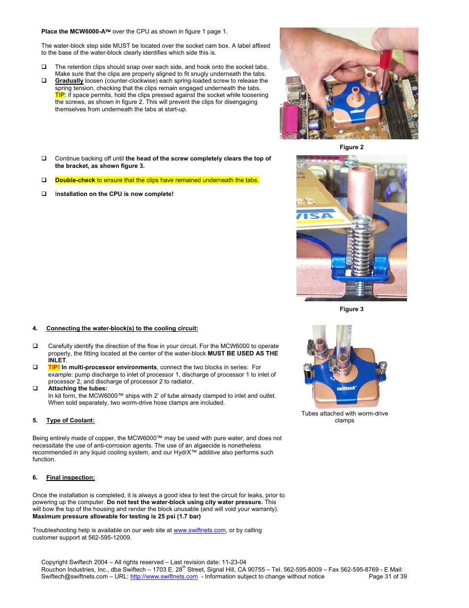 Onnecting the water, Block, To the cooling circuit | Ype of, Oolant, Inal inspection | Swiftech H20 80 R3 User Manual | Page 31 / 39