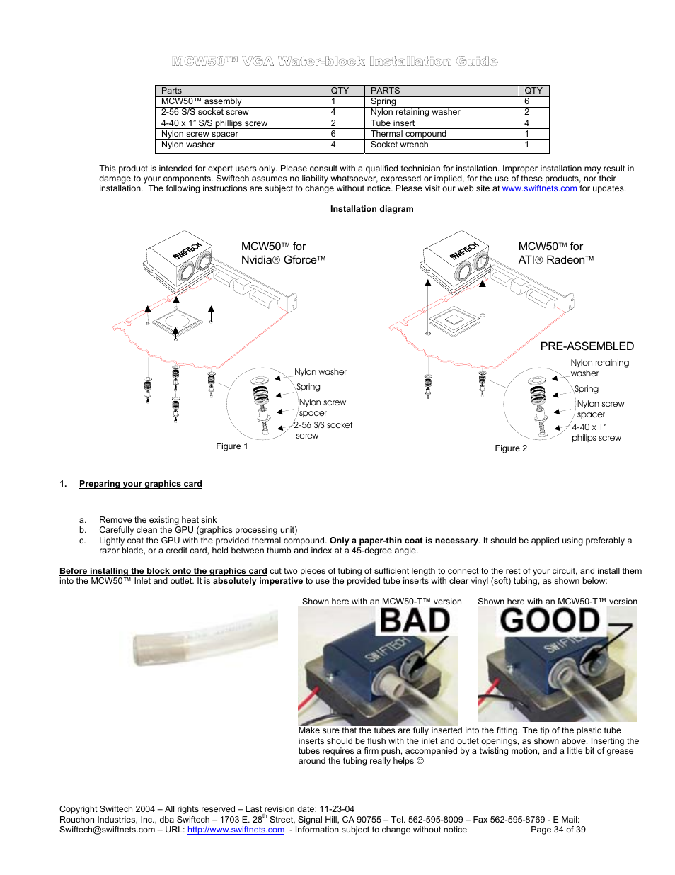 Mcw50™ vga w, Ater, Block | Nstallation, Uide, Reparing your graphics card | Swiftech H20 80 R3 User Manual | Page 34 / 39