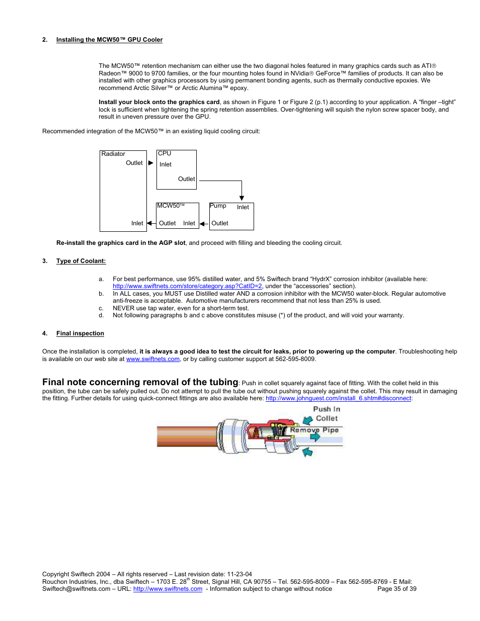 Nstalling the, Mcw50™ gpu c, Ooler | Ype of, Oolant, Inal inspection | Swiftech H20 80 R3 User Manual | Page 35 / 39