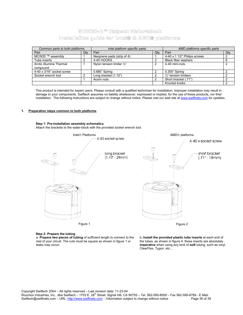 Mcw20-r™ c, Hipset, Ater | Block, Nstallation guide for, Ntel, Platforms, Reparation steps common to both platforms | Swiftech H20 80 R3 User Manual | Page 36 / 39