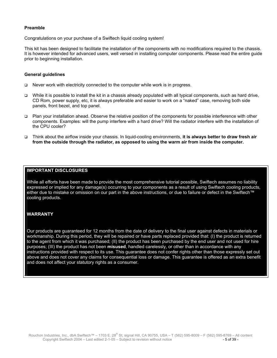 Preamble, General guidelines | Swiftech H20 80 R3 User Manual | Page 5 / 39