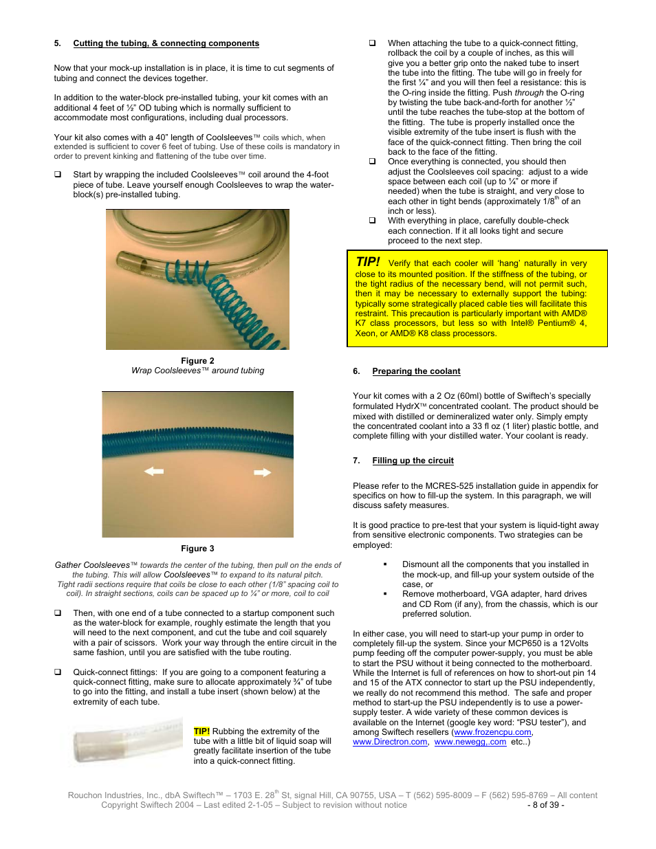 Utting the tubing, Connecting components, Reparing the coolant | Illing up the circuit | Swiftech H20 80 R3 User Manual | Page 8 / 39