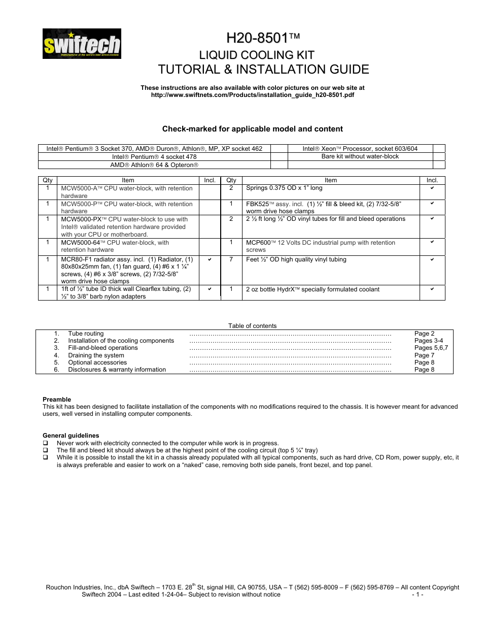 Swiftech H20 8501 2003 User Manual | 8 pages