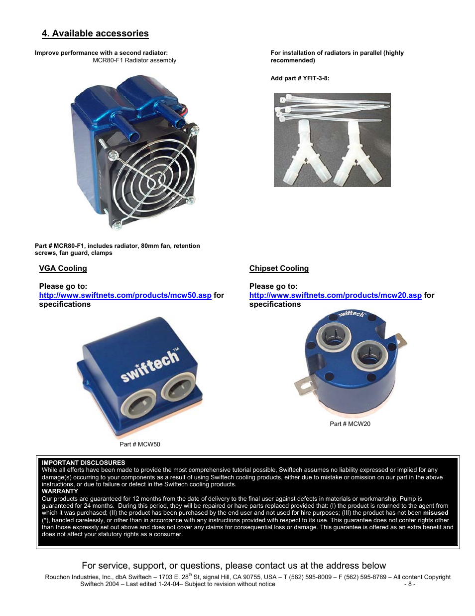 Improve performance with a second radiator, Mcr80-f1 radiator assembly, Available accessories | Swiftech H20 8501 2003 User Manual | Page 8 / 8