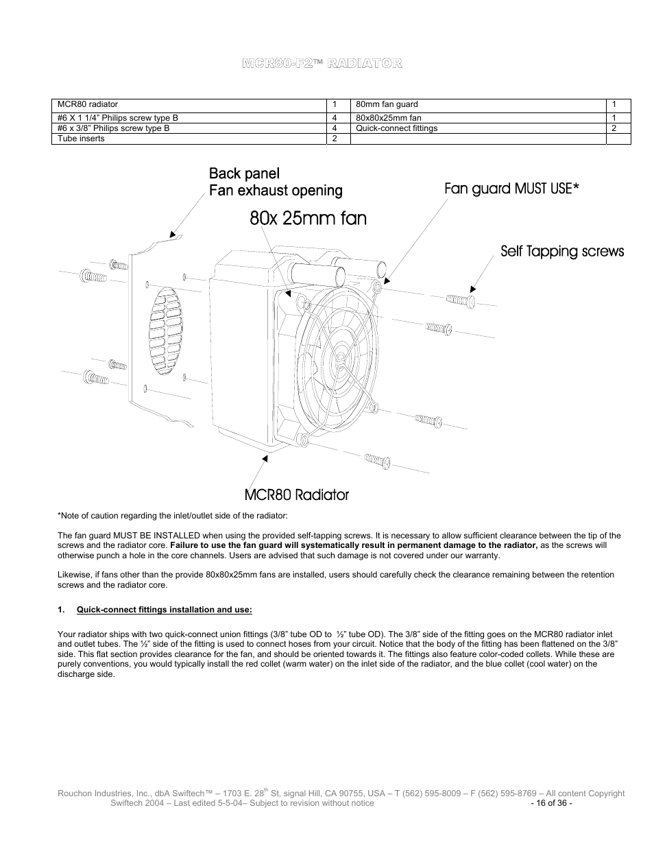 Mcr80-f2 radiator, Mcr80-f2, Radiator | Uick, Connect fittings installation and use | Swiftech H20 8600 User Manual | Page 16 / 36