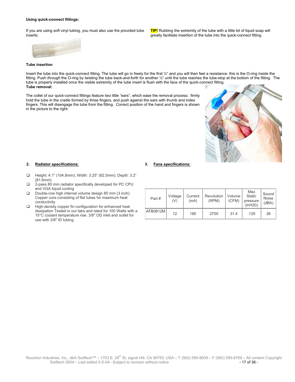 Adiator specifications, Ans specifications | Swiftech H20 8600 User Manual | Page 17 / 36