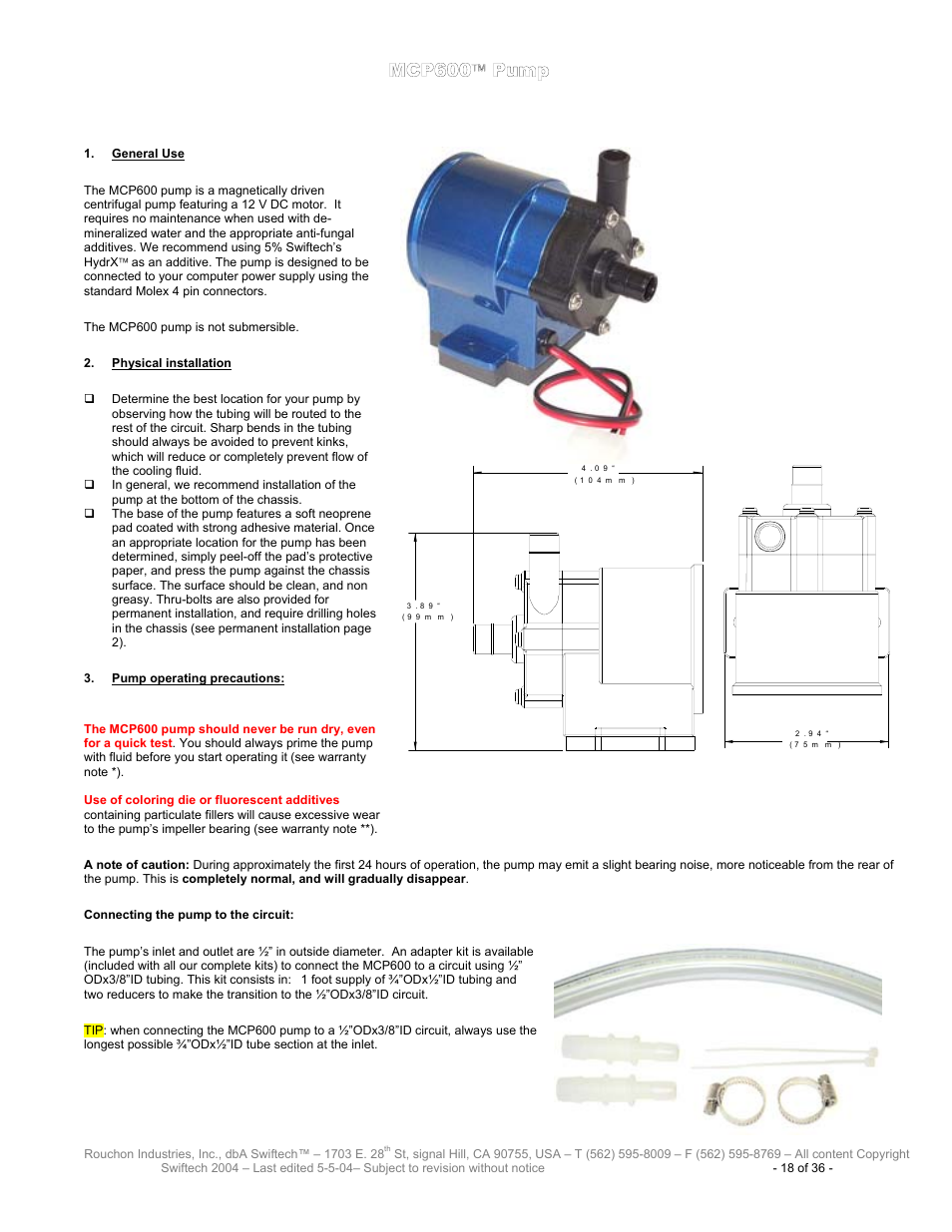Mcp600 pump, Mcp600, Eneral | Hysical installation, Ump operating precautions | Swiftech H20 8600 User Manual | Page 18 / 36