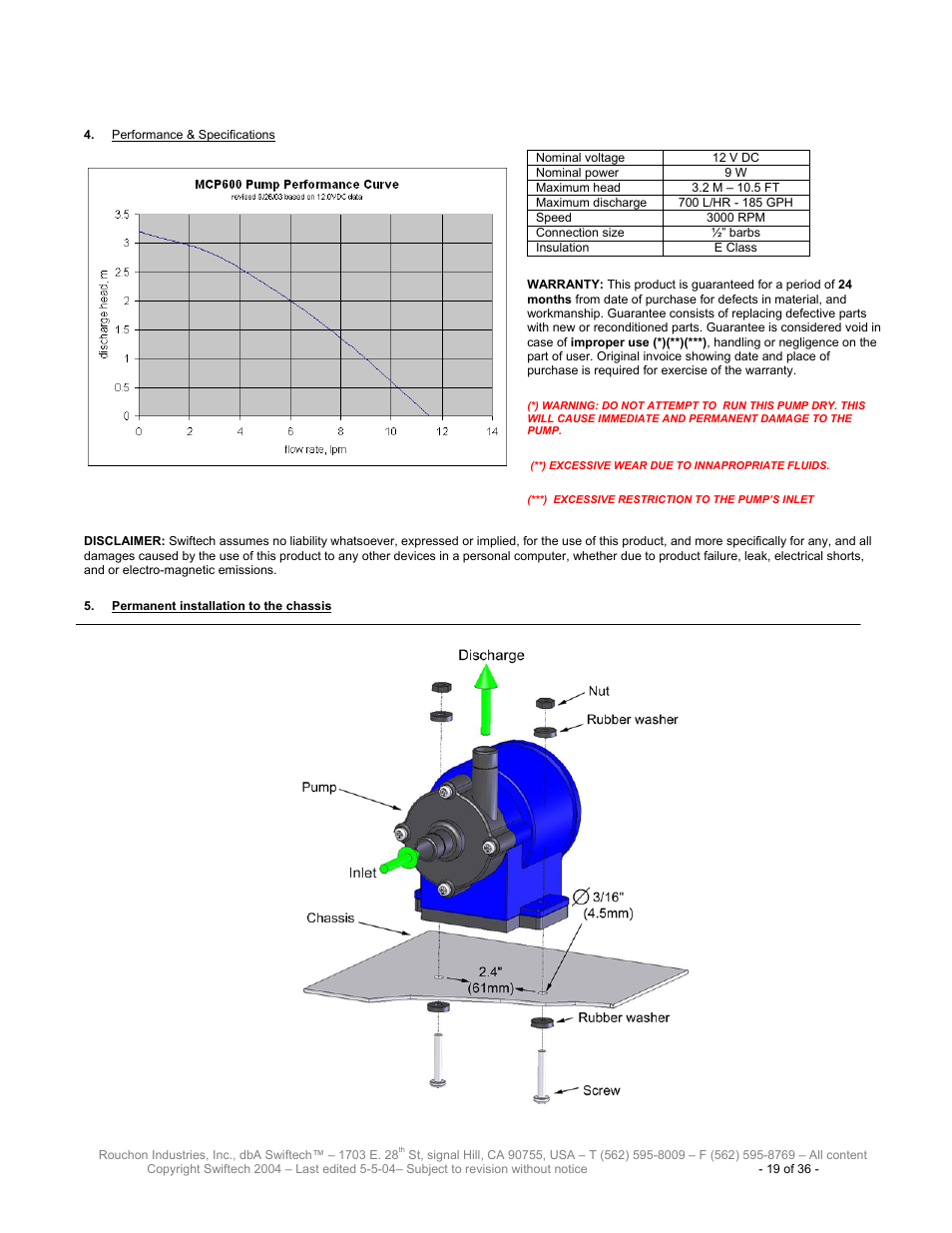 Erformance, Pecifications, Ermanent installation to the chassis | Swiftech H20 8600 User Manual | Page 19 / 36