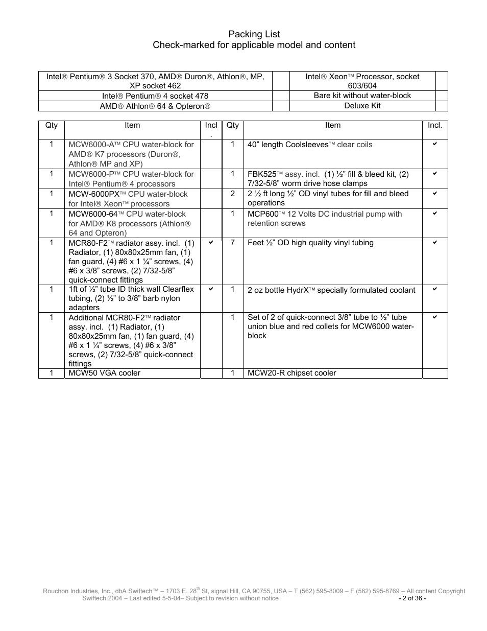 Packing list | Swiftech H20 8600 User Manual | Page 2 / 36