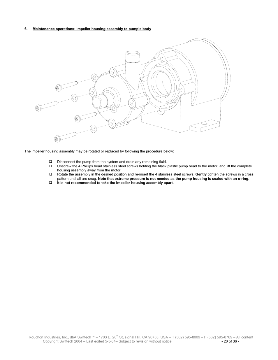 Aintenance operations, Impeller housing assembly to pump, S body | Swiftech H20 8600 User Manual | Page 20 / 36