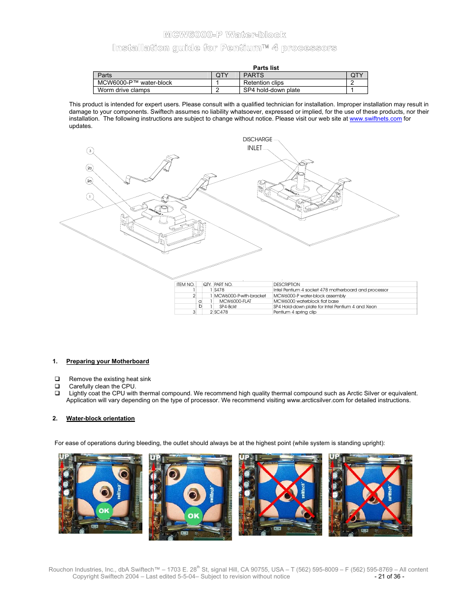 Mcw6000-p for intel pentium 4, Mcw6000-p w, Ater | Block, Nstallation guide for, Entium, Processors, Reparing your, Otherboard, Block orientation | Swiftech H20 8600 User Manual | Page 21 / 36