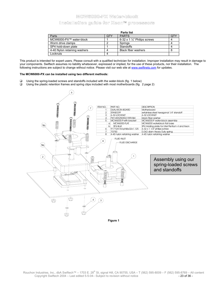Mcw6000-px for intel xeon, Mcw6000-px w, Ater | Block, Nstallation guide for, Processors | Swiftech H20 8600 User Manual | Page 23 / 36