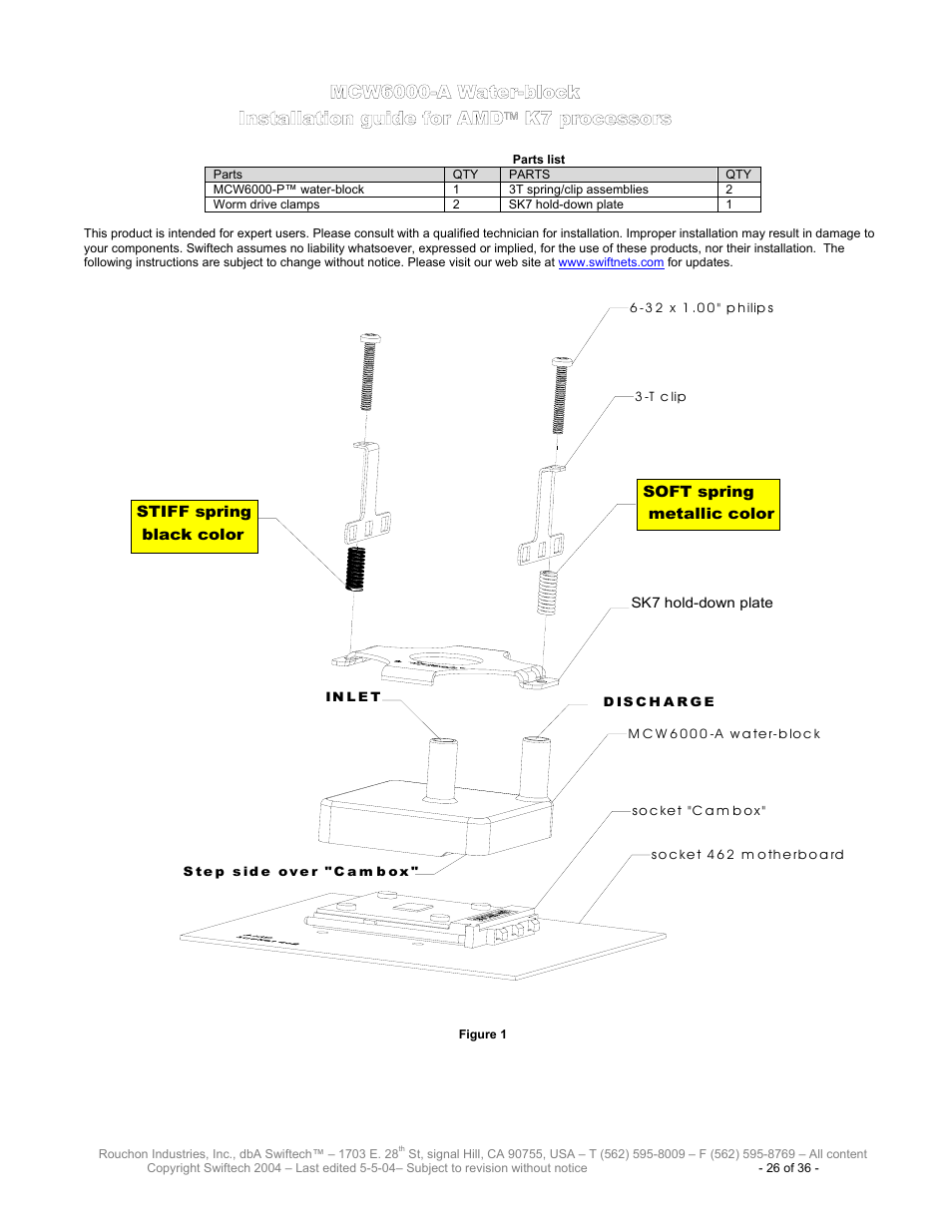 Mcw6000-a for amd k7, Mcw6000-a w, Ater | Block, Nstallation guide for, Processors | Swiftech H20 8600 User Manual | Page 26 / 36