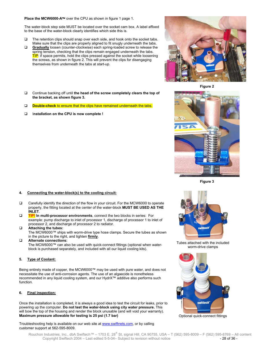 Onnecting the water, Block, To the cooling circuit | Ype of, Oolant, Inal inspection | Swiftech H20 8600 User Manual | Page 28 / 36