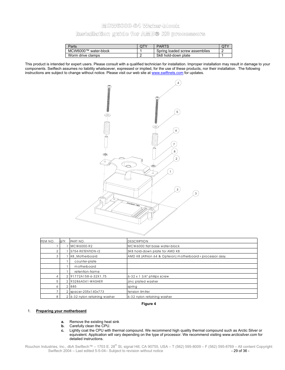 Mcw6000-64 for amd k8, Mcw6000-64 w, Ater | Block, Nstallation guide for, Processors, Reparing your motherboard | Swiftech H20 8600 User Manual | Page 29 / 36