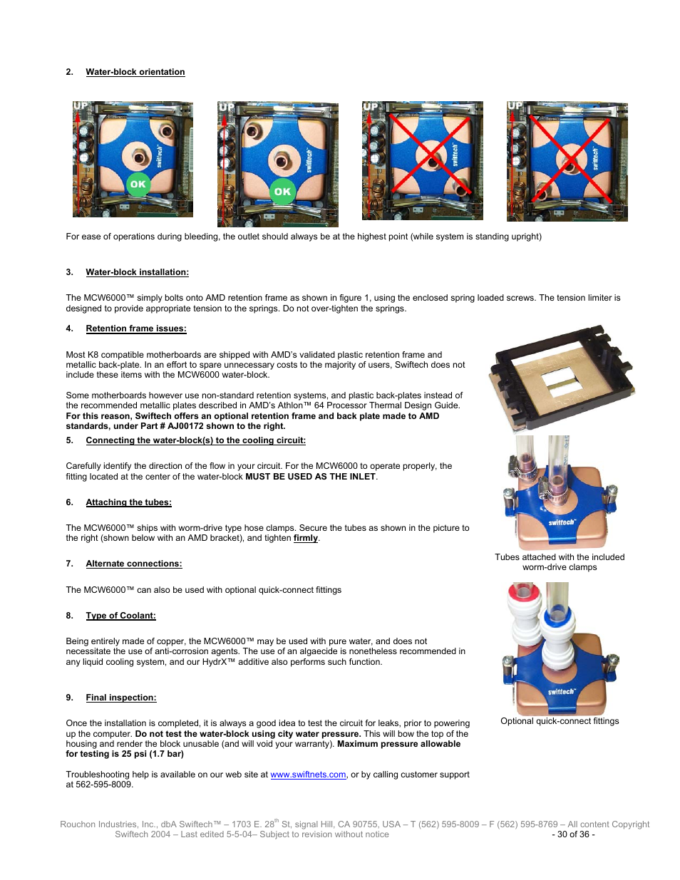 Ater, Block orientation, Block installation | Etention frame issues, Onnecting the water, Block, To the cooling circuit, Ttaching the tubes, Lternate connections, Ype of | Swiftech H20 8600 User Manual | Page 30 / 36