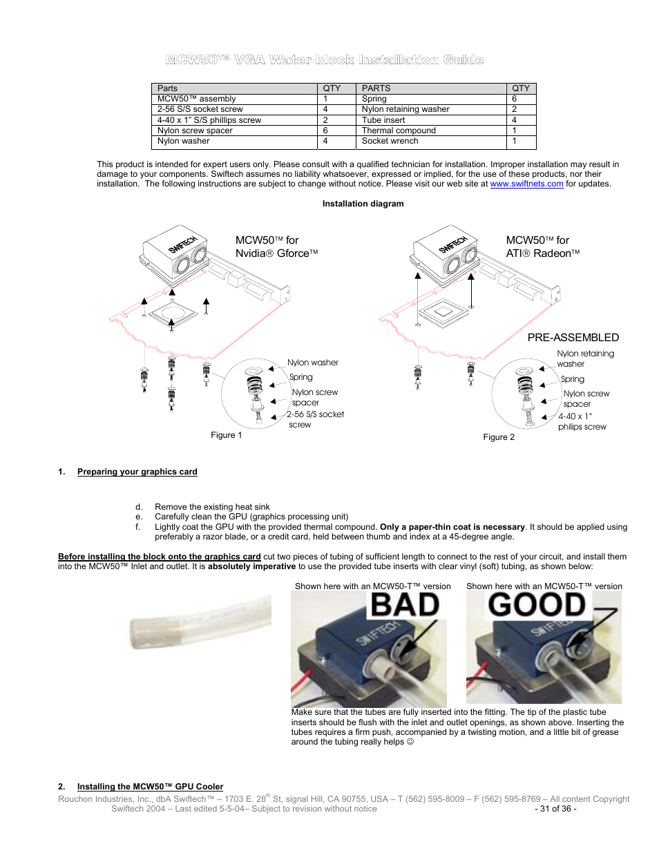 Mcw50 vga cooler, Mcw50™ vga w, Ater | Block, Nstallation, Uide, Reparing your graphics card, Nstalling the, Mcw50™ gpu c, Ooler | Swiftech H20 8600 User Manual | Page 31 / 36