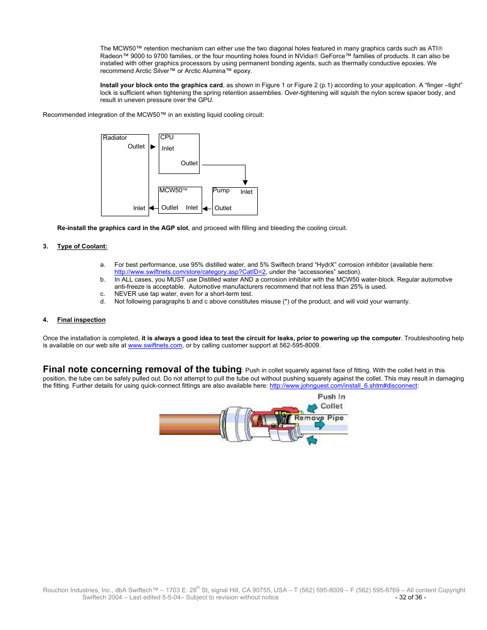 Ype of, Oolant, Inal inspection | Swiftech H20 8600 User Manual | Page 32 / 36