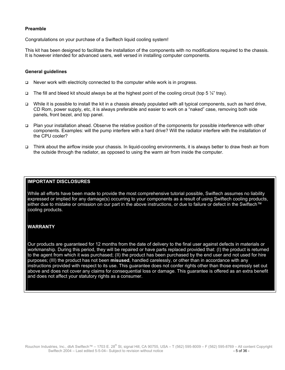 Preamble & general guidelines | Swiftech H20 8600 User Manual | Page 5 / 36