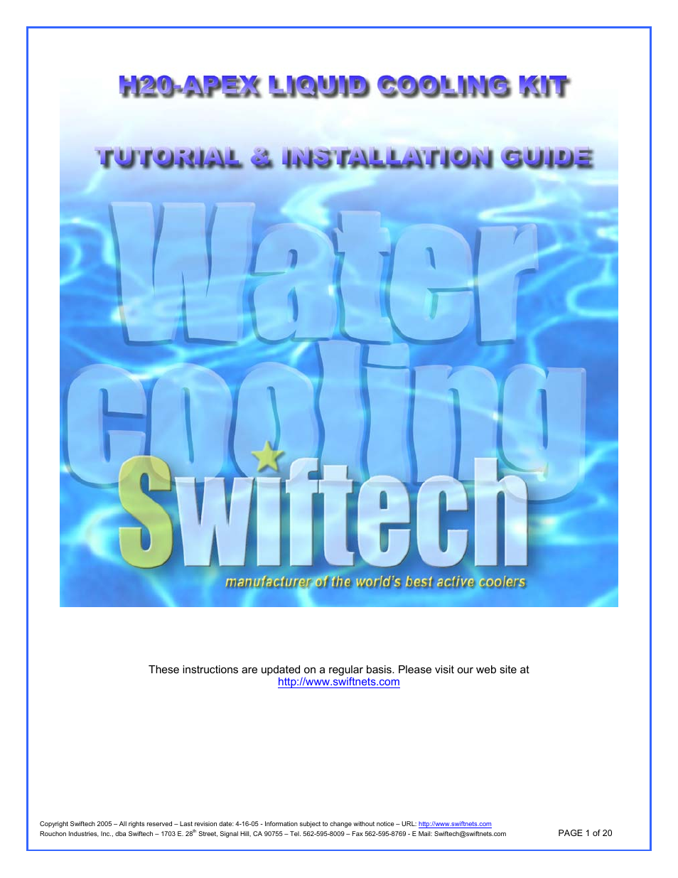 Swiftech H20 APEX User Manual | 20 pages