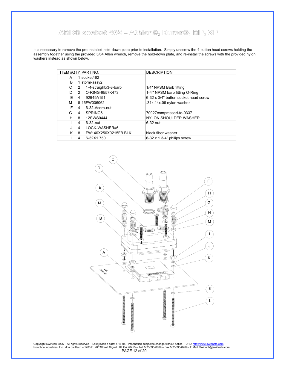 Amd® socket 462 – athlon®, duron®, mp, xp | Swiftech H20 APEX User Manual | Page 12 / 20