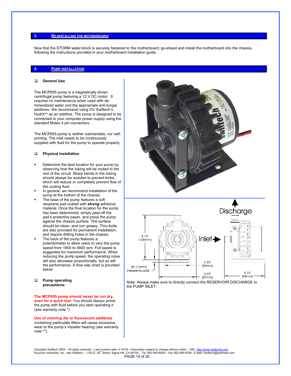 Re-installing the motherboard, Pump installation, General use | Physical installation, Pump operating precautions | Swiftech H20 APEX User Manual | Page 14 / 20