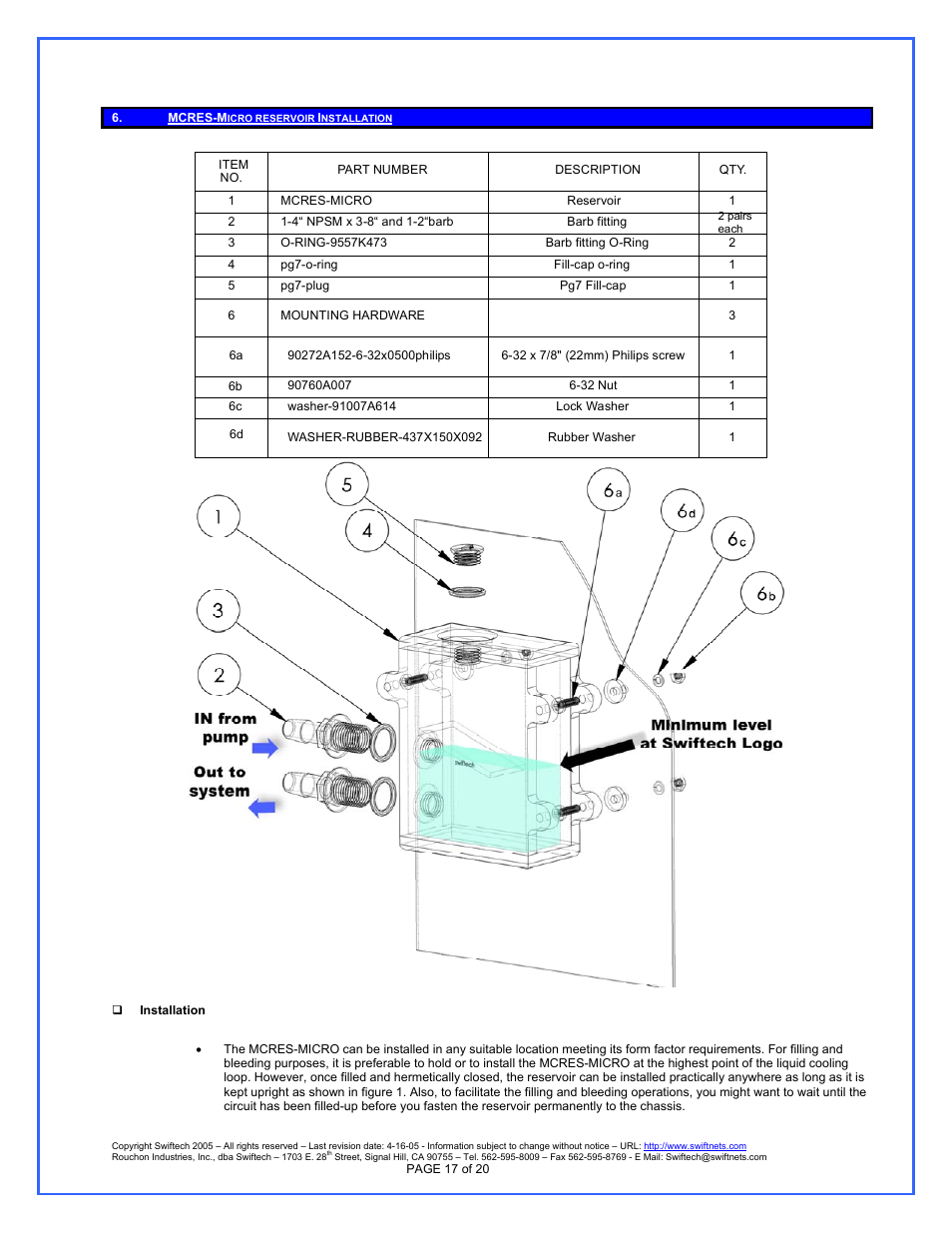 Mcres-micro reservoir installation, Installation | Swiftech H20 APEX User Manual | Page 17 / 20