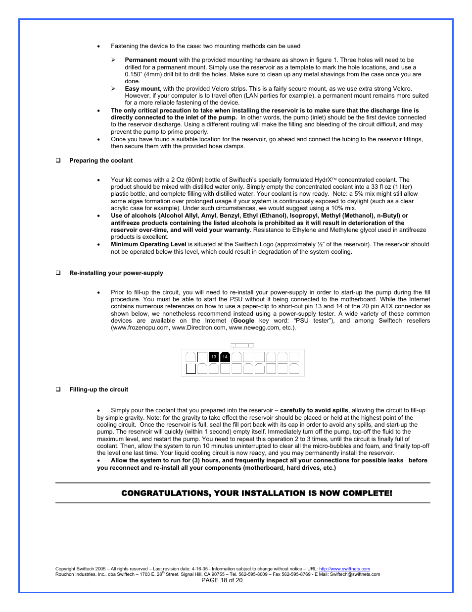 Preparing the coolant, Re-installing your power-supply, Filling-up the circuit | Swiftech H20 APEX User Manual | Page 18 / 20