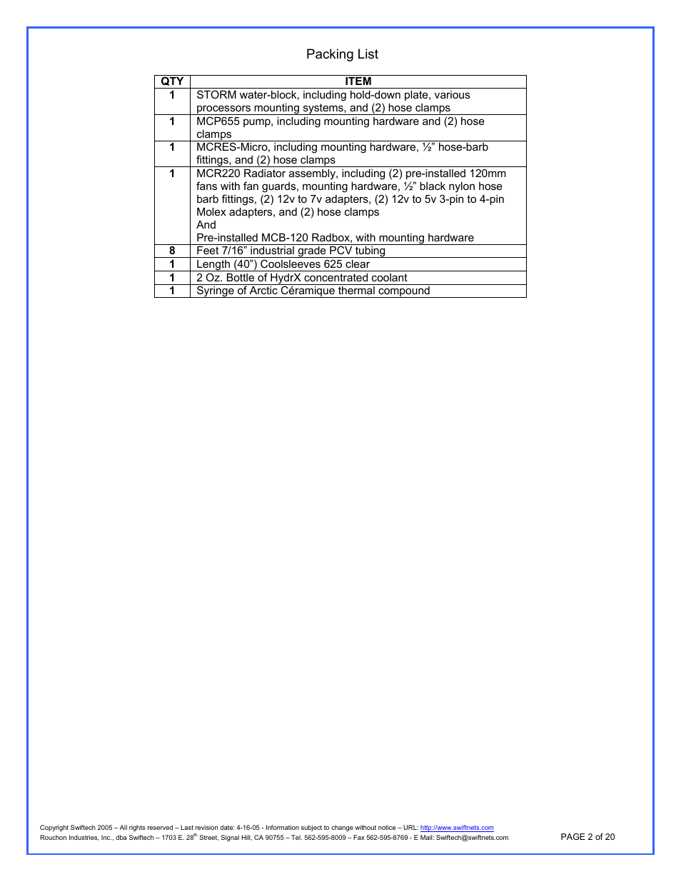 Packing list | Swiftech H20 APEX User Manual | Page 2 / 20