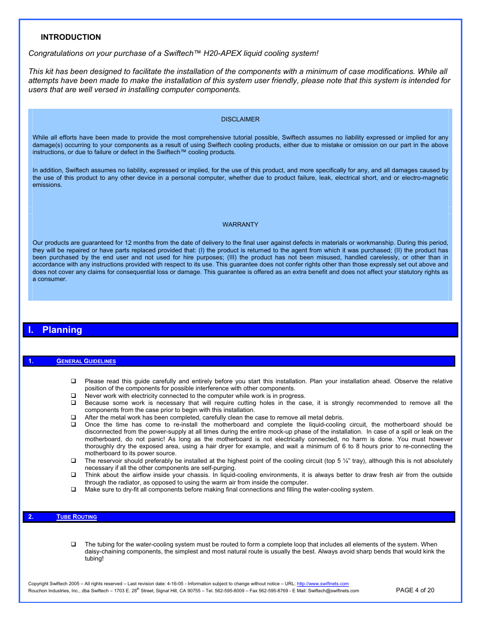 Planning, General guidelines, Tube routing | I. planning | Swiftech H20 APEX User Manual | Page 4 / 20