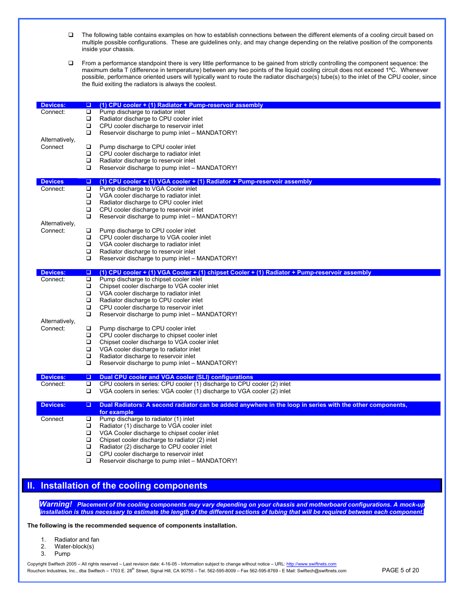 Installation of the cooling components, Ii. installation of the cooling components | Swiftech H20 APEX User Manual | Page 5 / 20