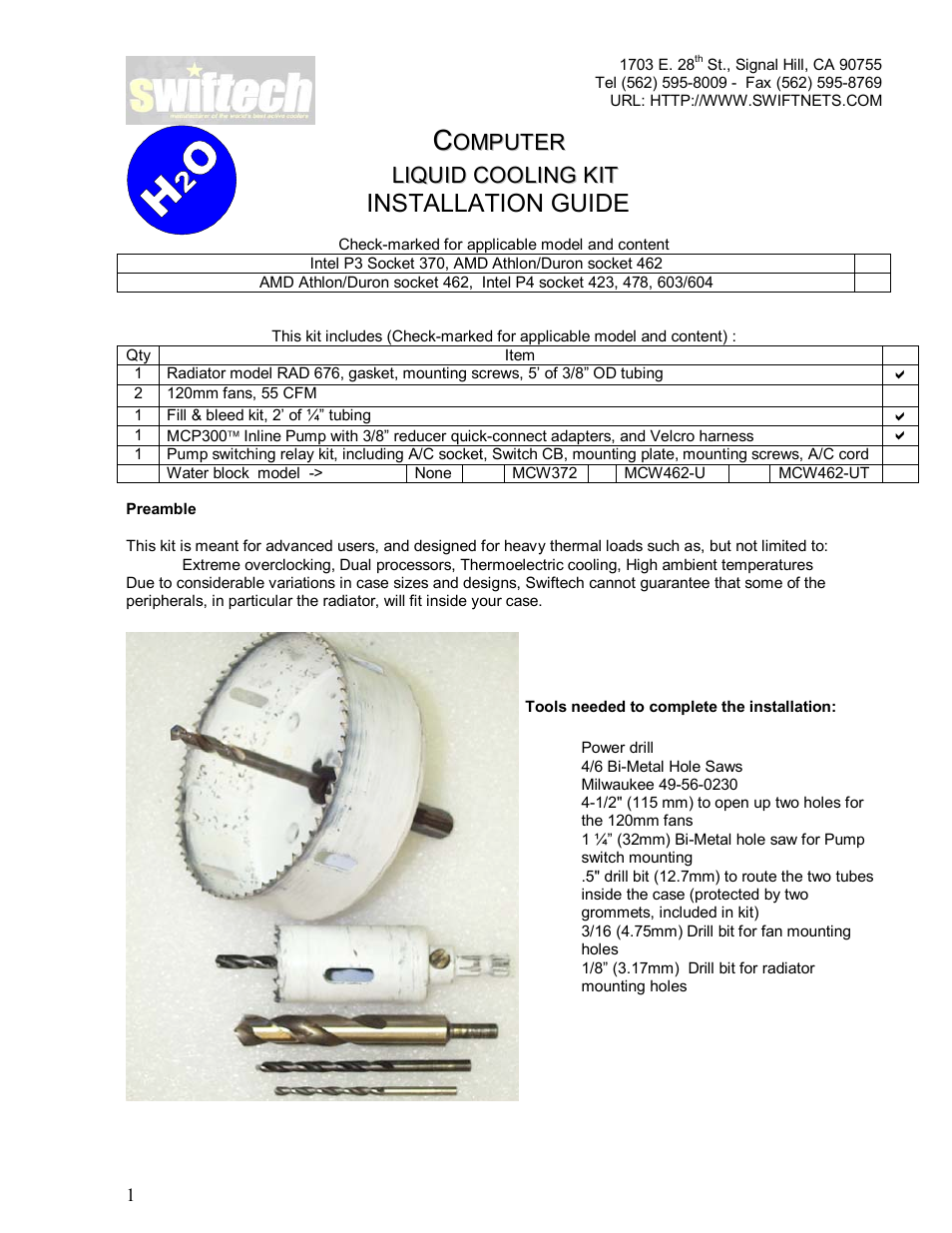 Swiftech H20KITS User Manual | 10 pages