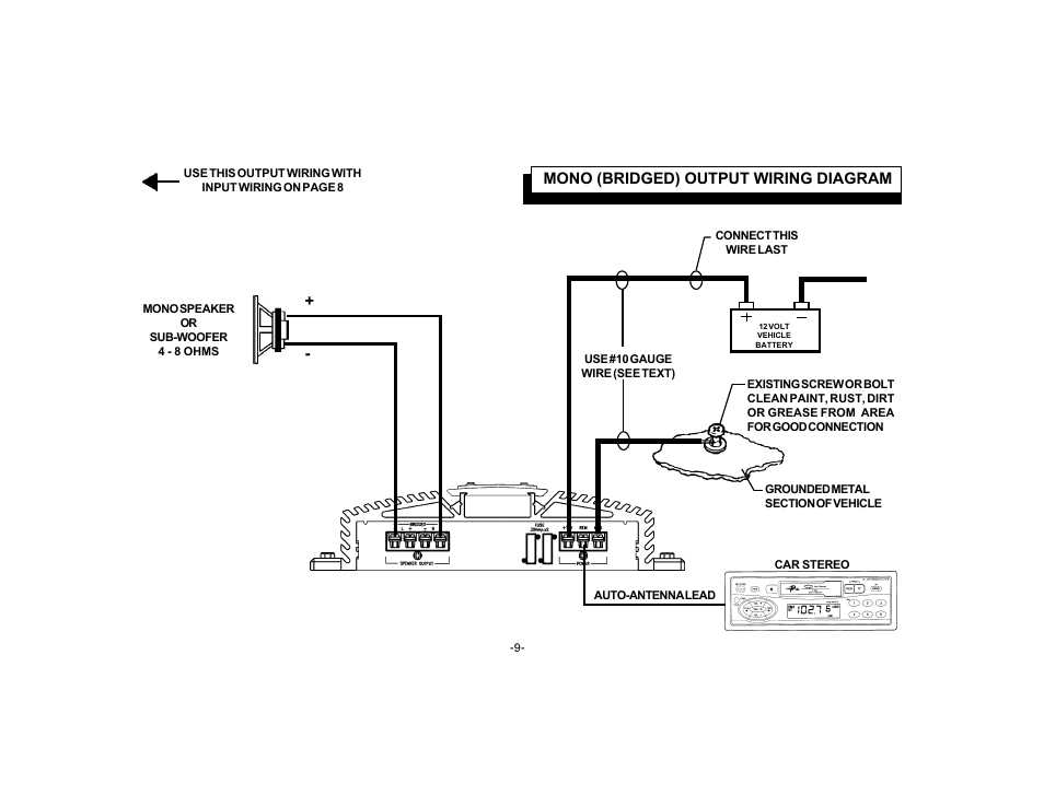 Mono (bridged) output wiring diagram | Audiovox Menace PAS2150 User Manual | Page 11 / 16
