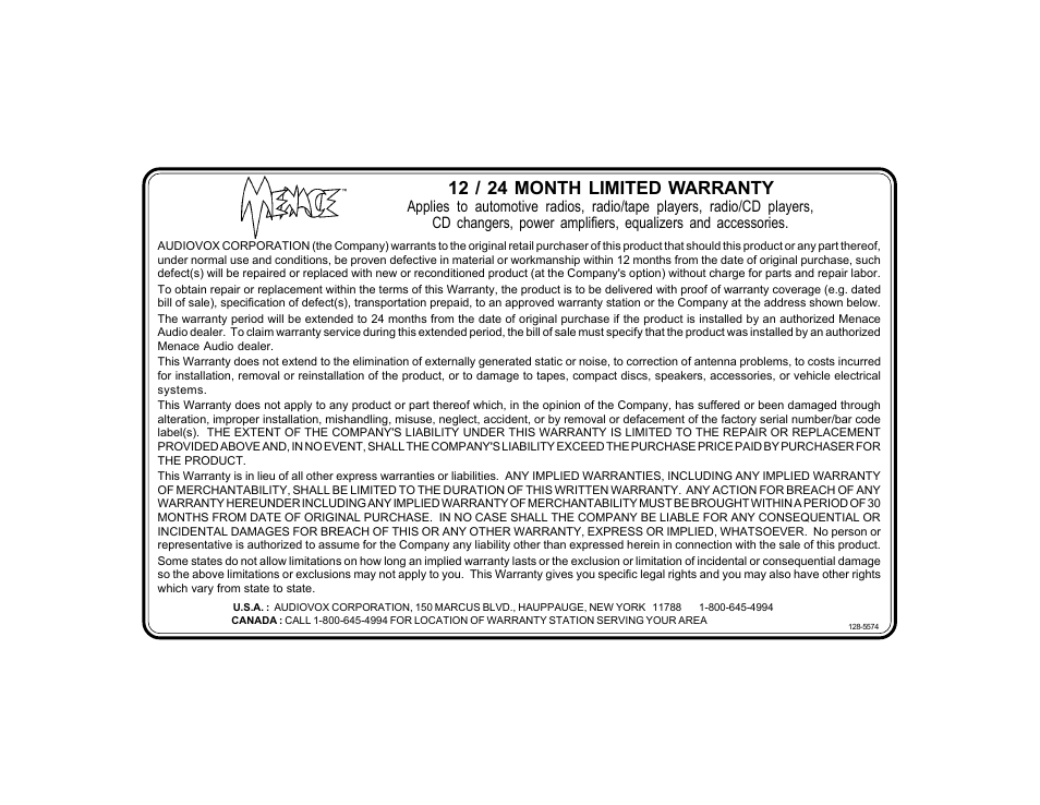 12 / 24 month limited warranty | Audiovox Menace PAS2150 User Manual | Page 15 / 16