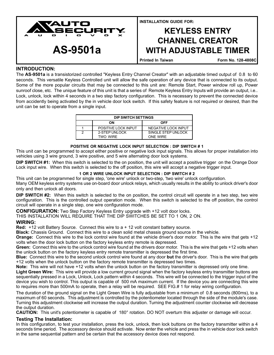 Audiovox AS-9501a User Manual | 2 pages