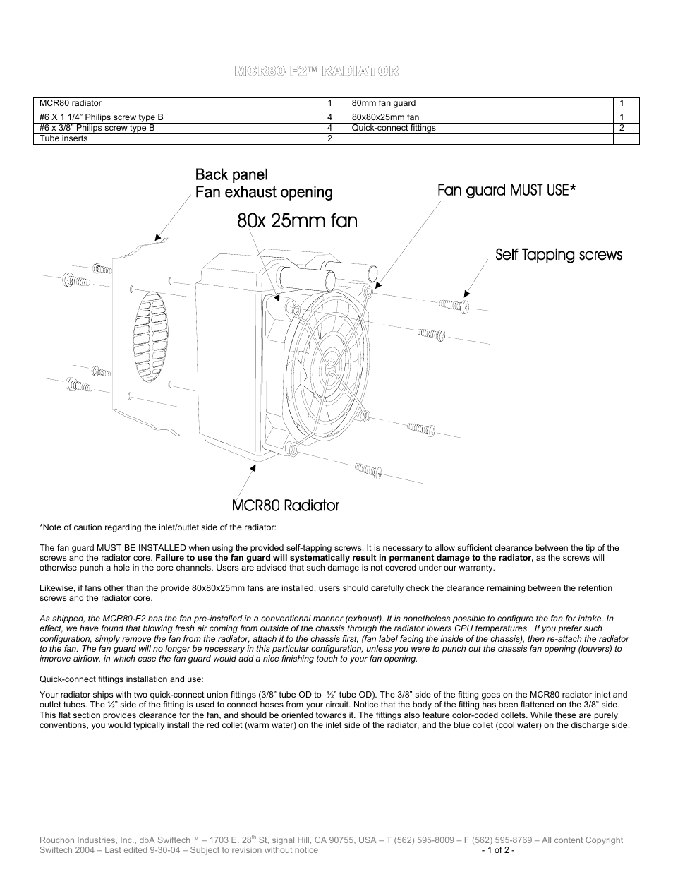 Swiftech MCR80 F2 User Manual | 2 pages