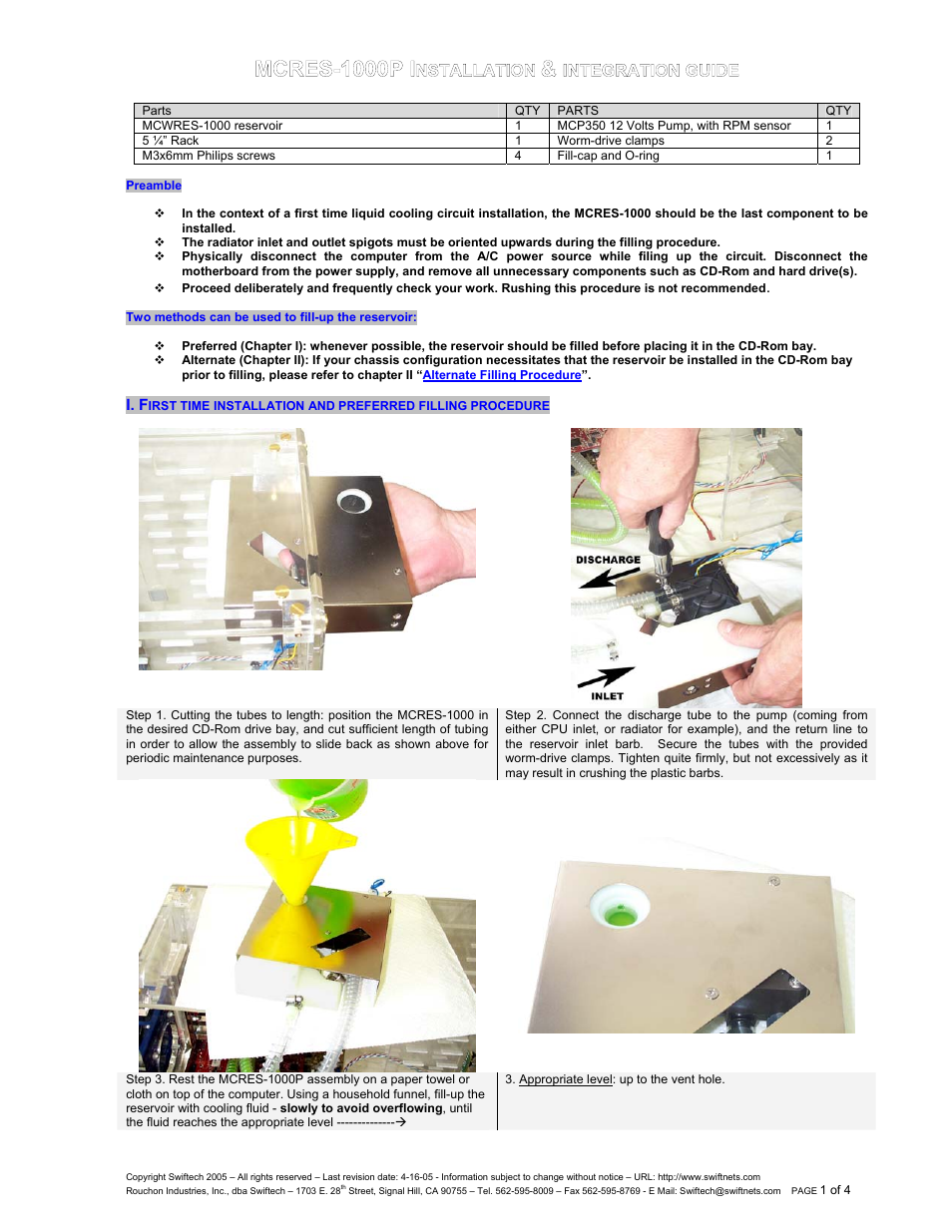 Swiftech MCRES 1000P User Manual | 4 pages