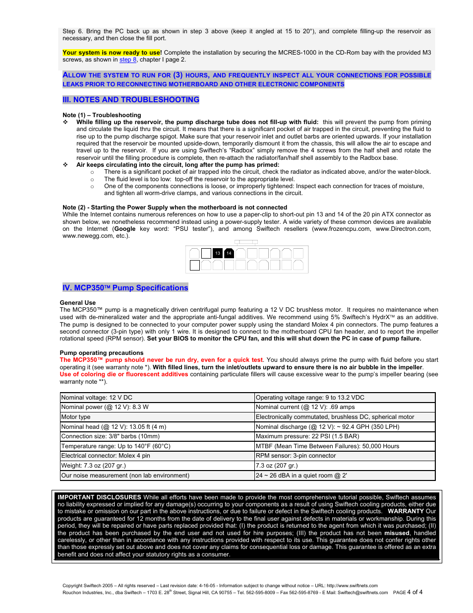 Iii. notes and troubleshooting, Note \(1\) – troubleshooting, Iv. mcp350( pump specifications | Bleshooting, Note (1), If t, See note 2, Start, Ooting, Chapte | Swiftech MCRES 1000P User Manual | Page 4 / 4