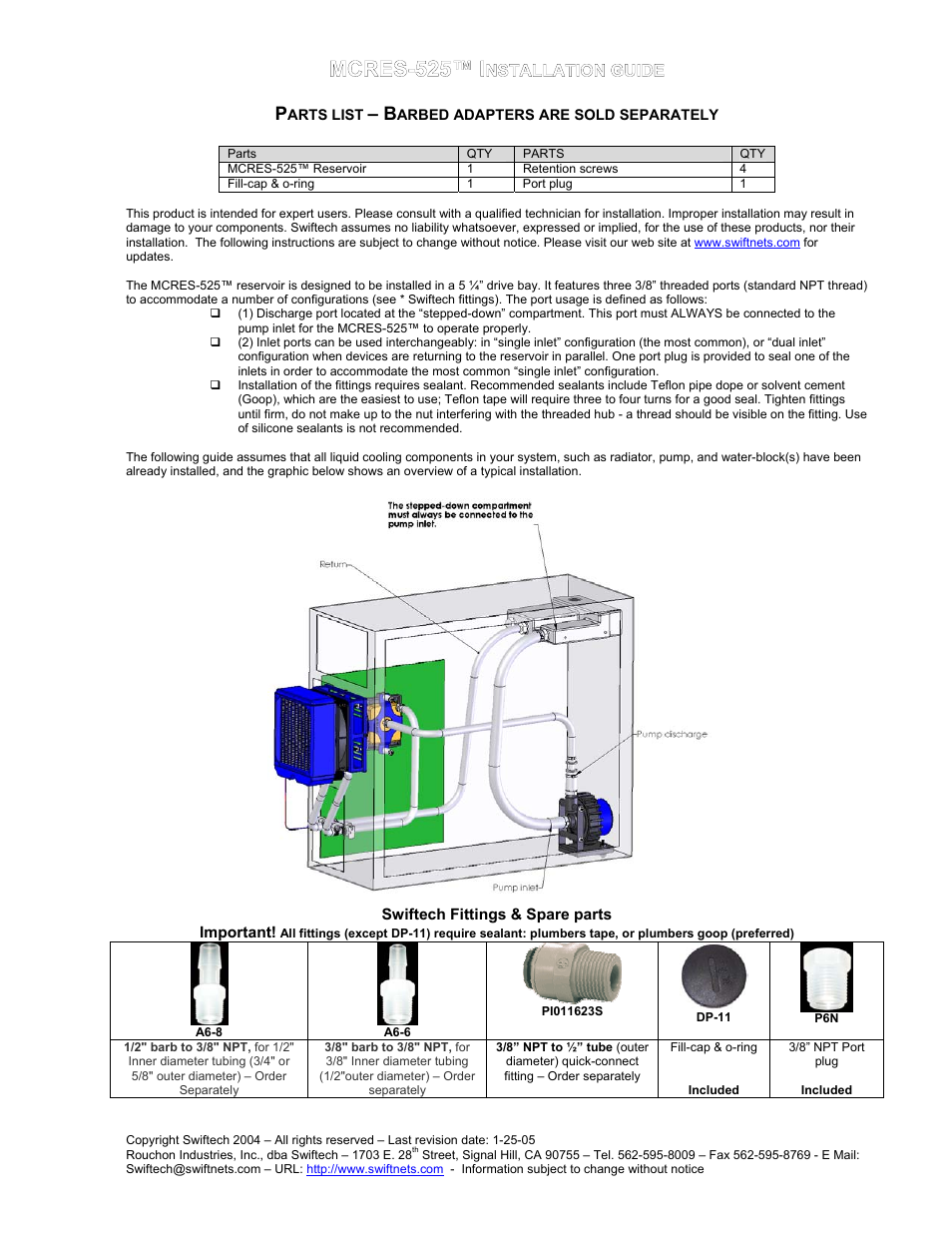 Swiftech MCRES 525 User Manual | 2 pages