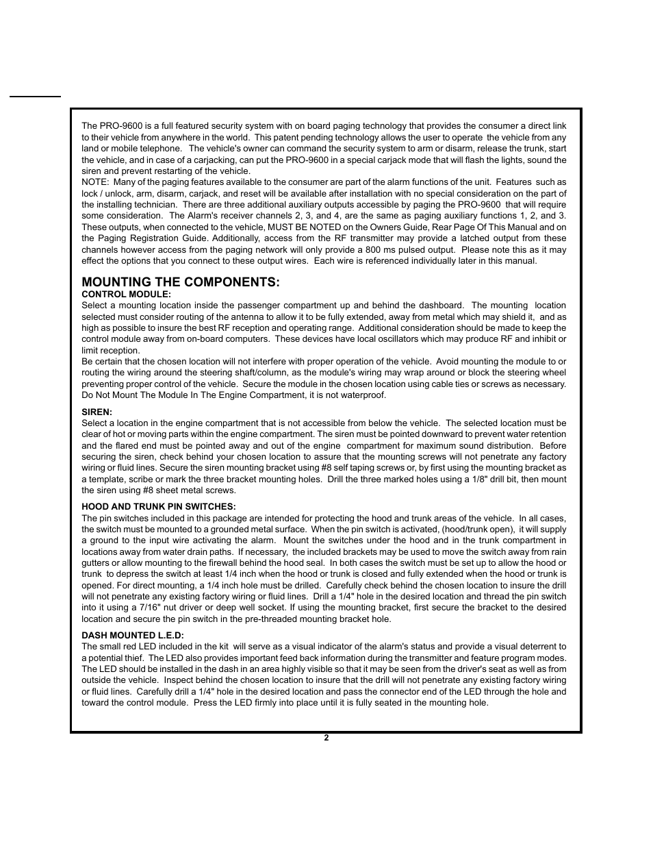 Mounting the components | Audiovox PRO-9600 User Manual | Page 2 / 12