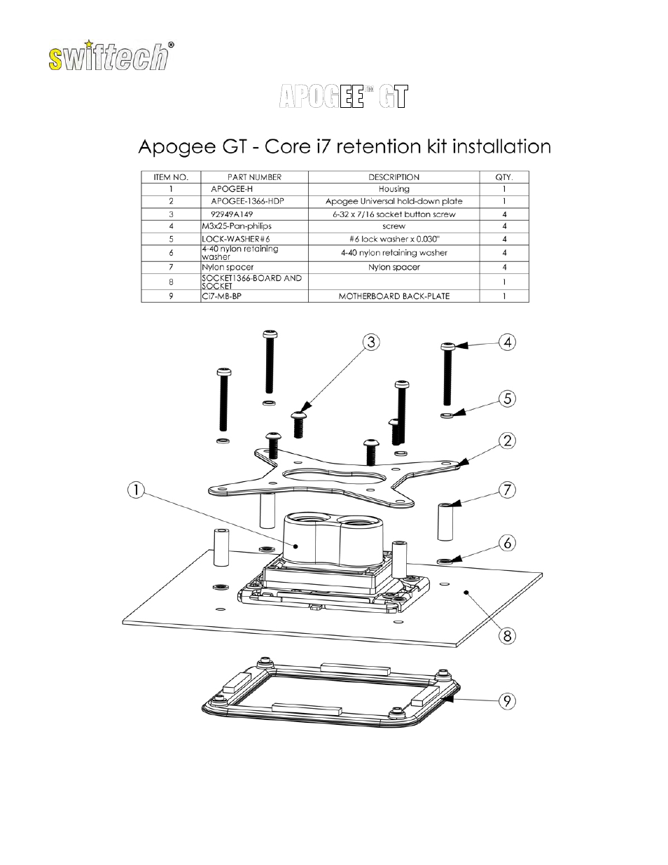 Swiftech APOGEE GT CI7 KIT User Manual | 2 pages