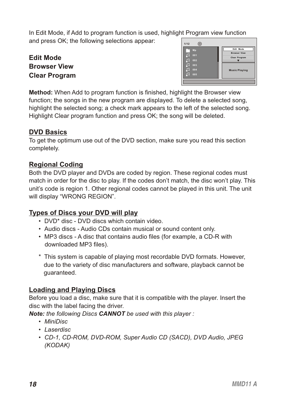 18 mmd11 a, Edit mode browser view clear program, Dvd basics | Regional coding, Types of discs your dvd will play, Loading and playing discs | Audiovox Movies2Go 128-8652 User Manual | Page 18 / 24