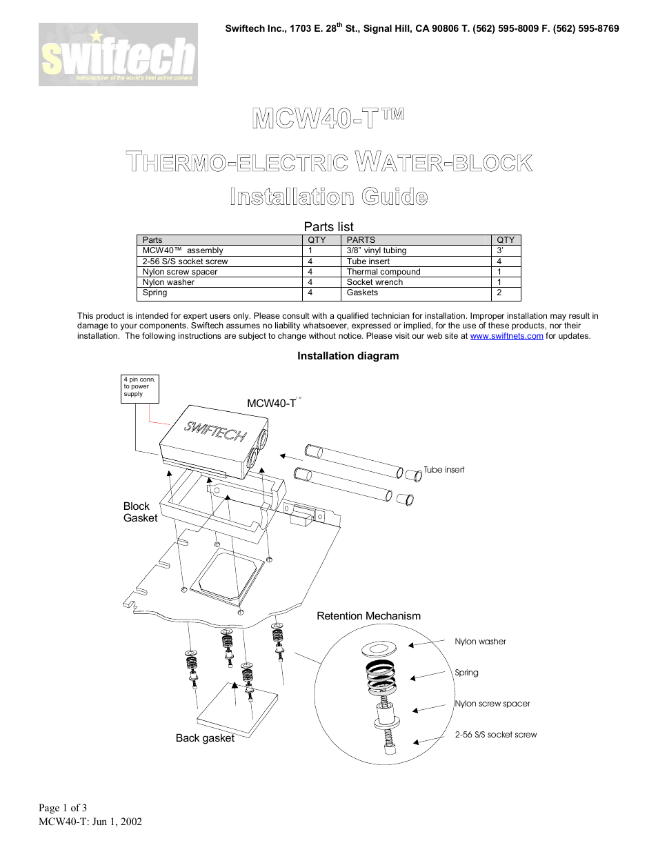 Swiftech MCW40 T User Manual | 3 pages