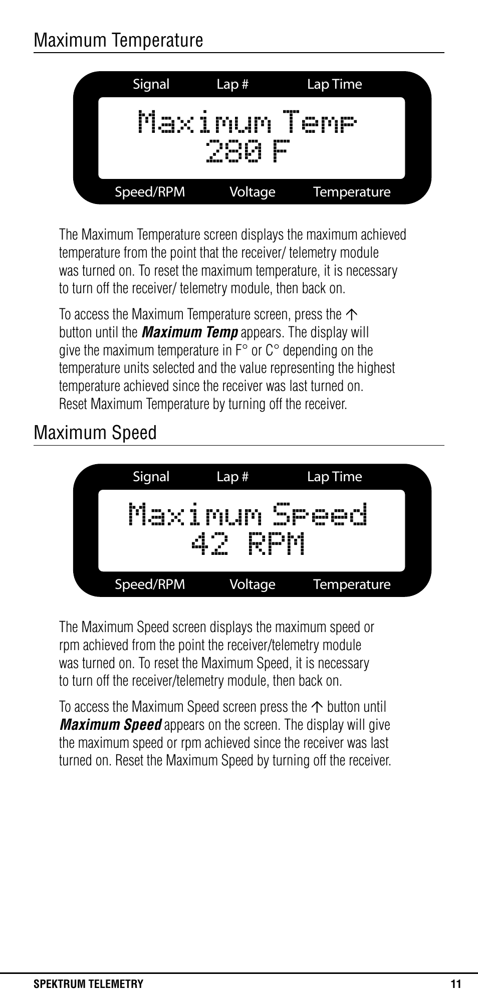Maximum temperature, Maximum speed | Spektrum SPM1300 User Manual | Page 11 / 24