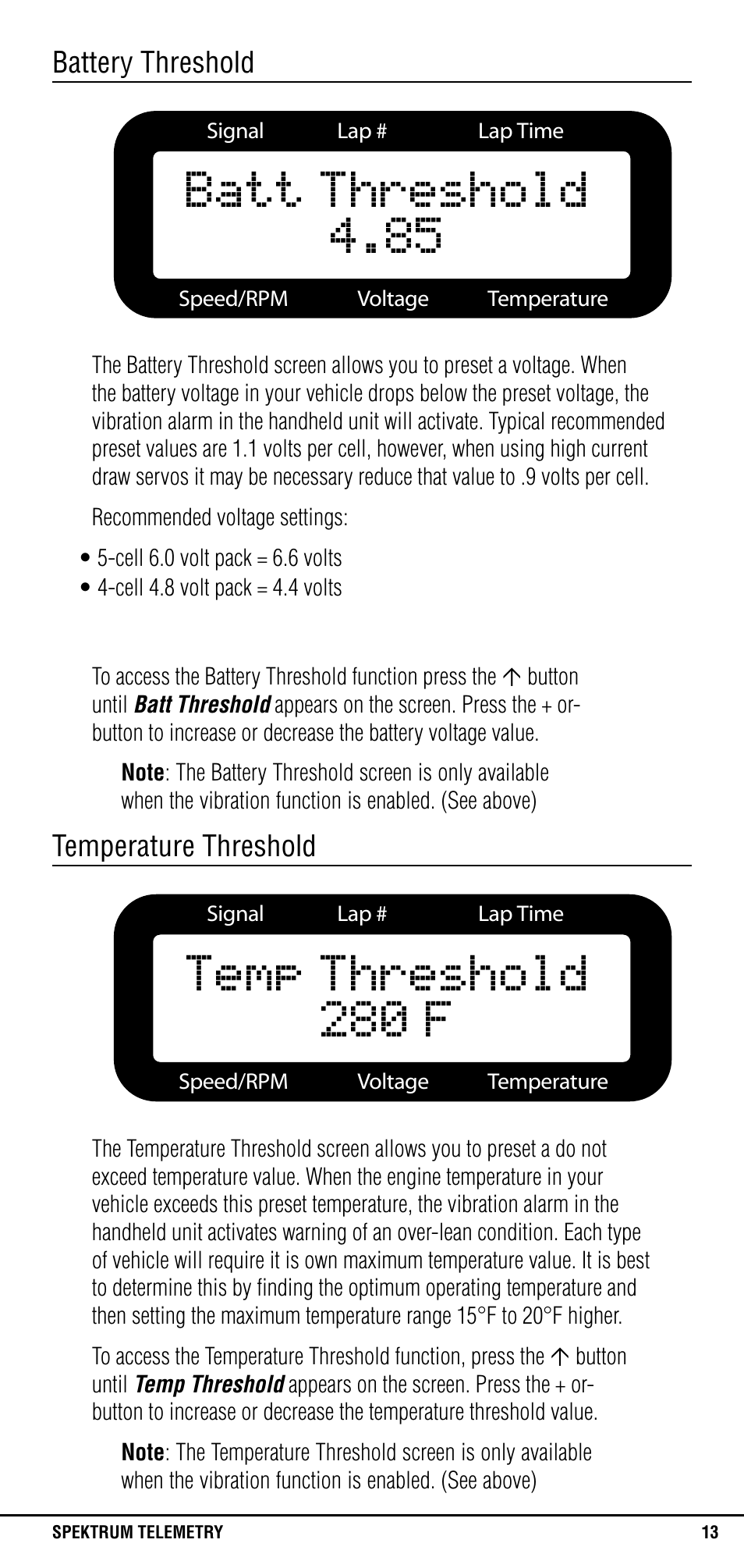 Battery threshold, Temperature threshold | Spektrum SPM1300 User Manual | Page 13 / 24