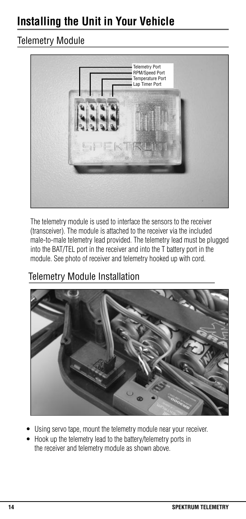 Installing the unit in your vehicle, Telemetry module, Telemetry module installation | Spektrum SPM1300 User Manual | Page 14 / 24