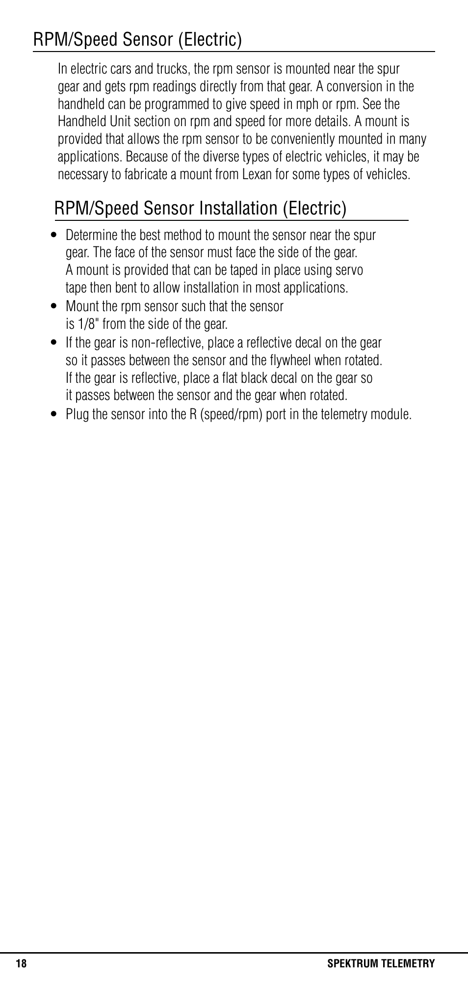 Rpm/speed sensor (electric), Rpm/speed sensor installation (electric) | Spektrum SPM1300 User Manual | Page 18 / 24