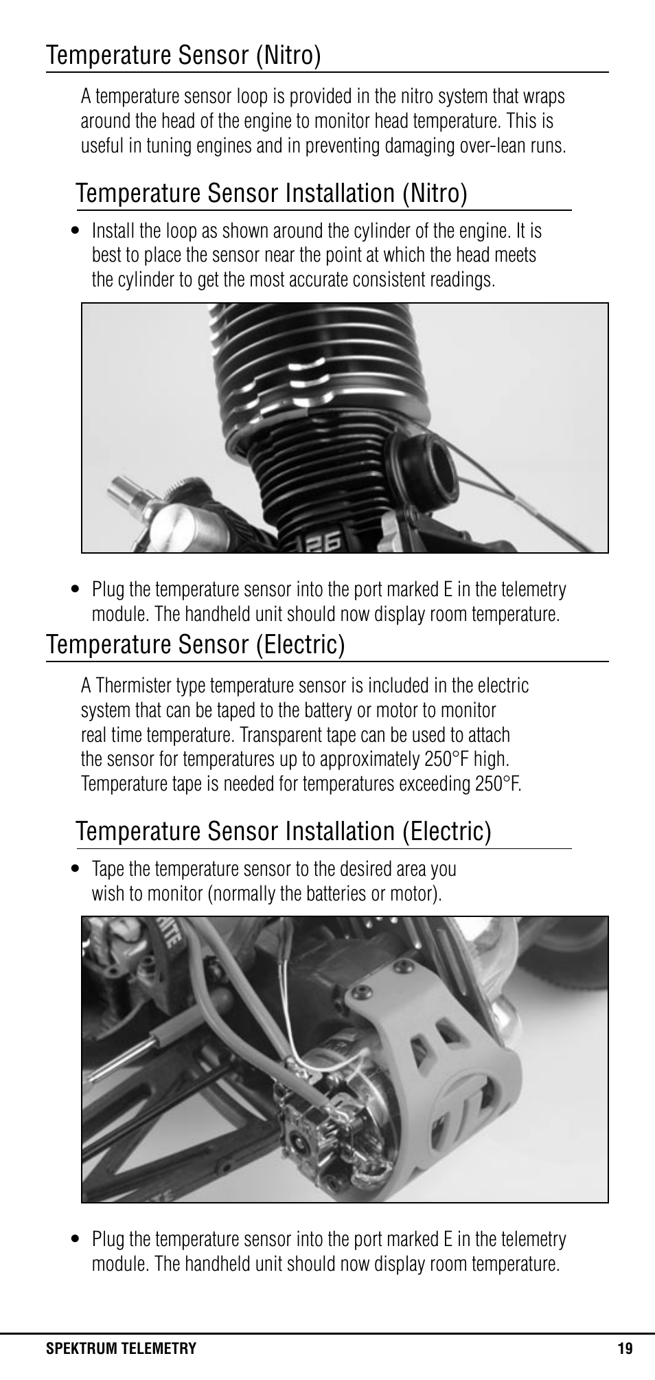 Temperature sensor (nitro), Temperature sensor (electric), Temperature sensor installation (nitro) | Temperature sensor installation (electric) | Spektrum SPM1300 User Manual | Page 19 / 24