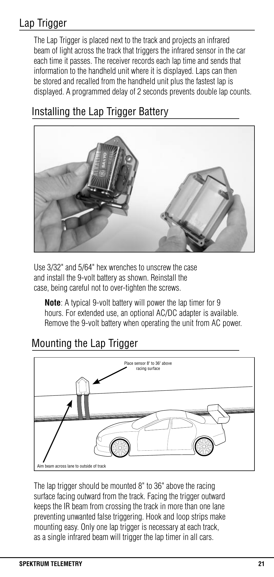 Lap trigger, Installing the lap trigger battery, Mounting the lap trigger | Spektrum SPM1300 User Manual | Page 21 / 24