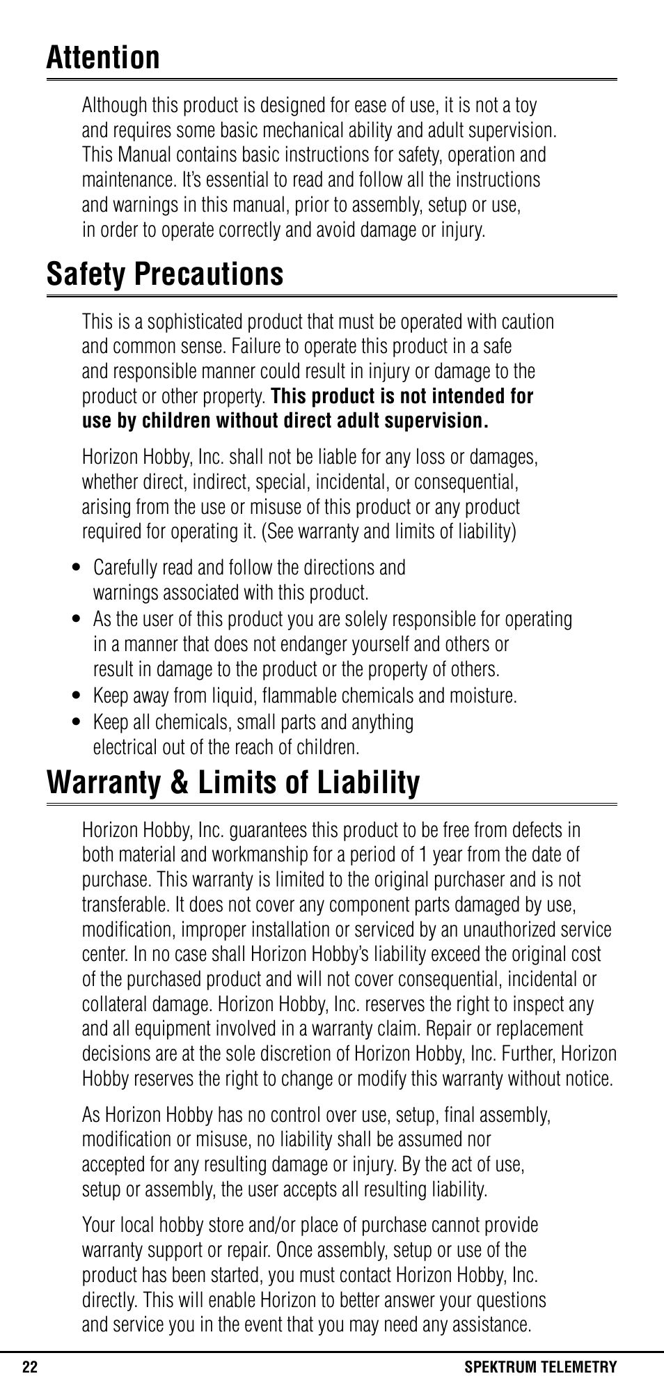 Attention, Safety precautions, Warranty & limits of liability | Spektrum SPM1300 User Manual | Page 22 / 24